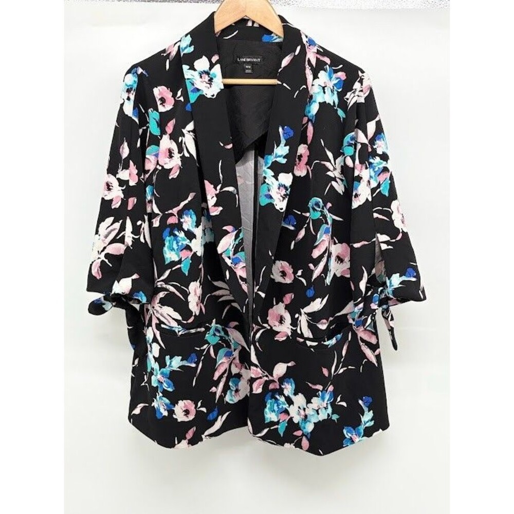 Lane Bryant Women's Plus Size 14/16 Black Floral Print 3/4 Sleeves Blazer Jacket